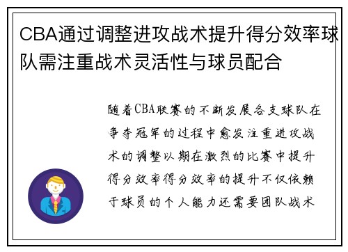 CBA通过调整进攻战术提升得分效率球队需注重战术灵活性与球员配合