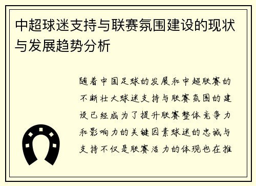 中超球迷支持与联赛氛围建设的现状与发展趋势分析