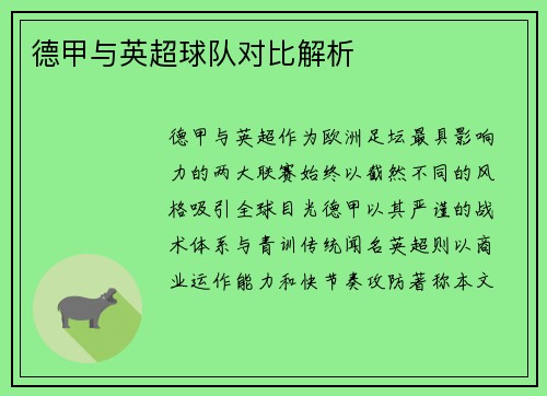 德甲与英超球队对比解析
